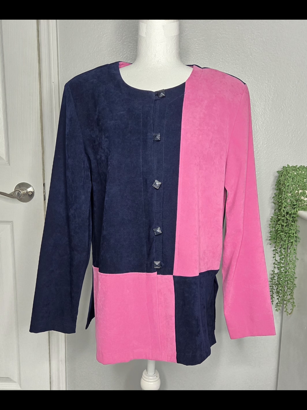 Vintage R&K Originals Colorblock Faux Suede Blazer Navy & Hot Pink Size 12